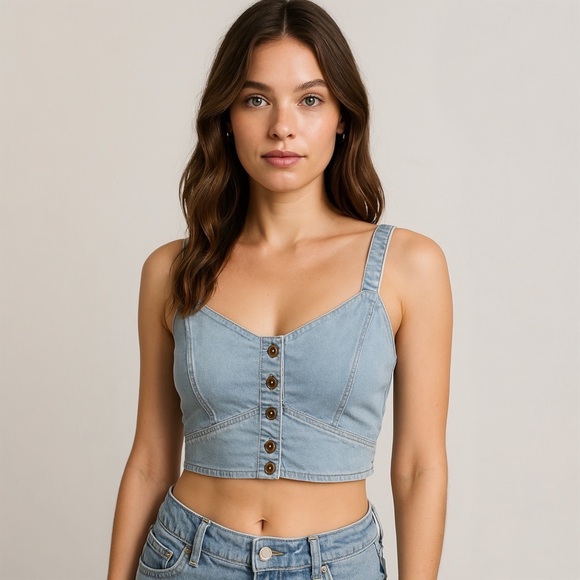 B·O·G Collective Light Blue Button-Front Crop Top – Size XS - Picture 1 of 6